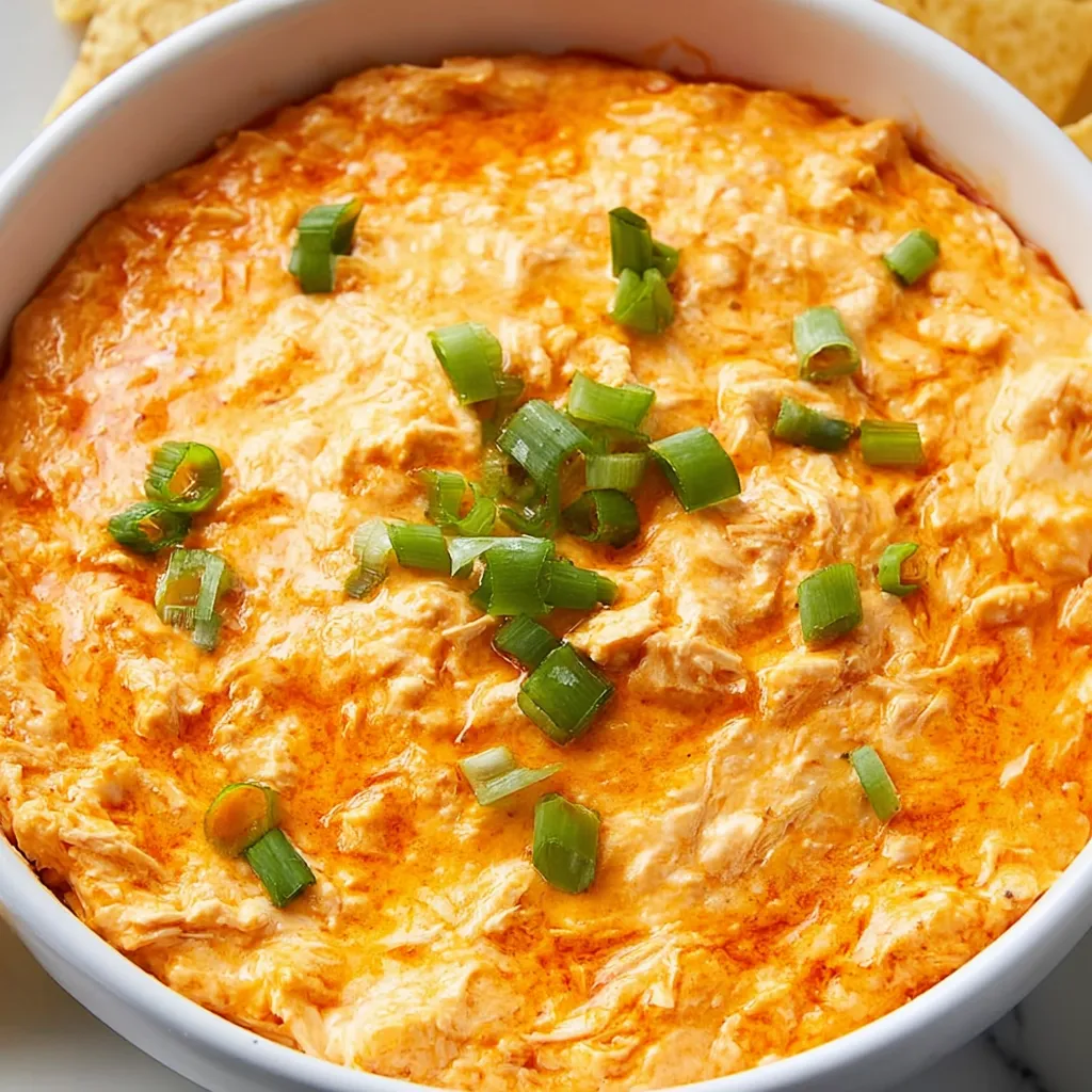 A white bowl filled with buffalo chicken dip.