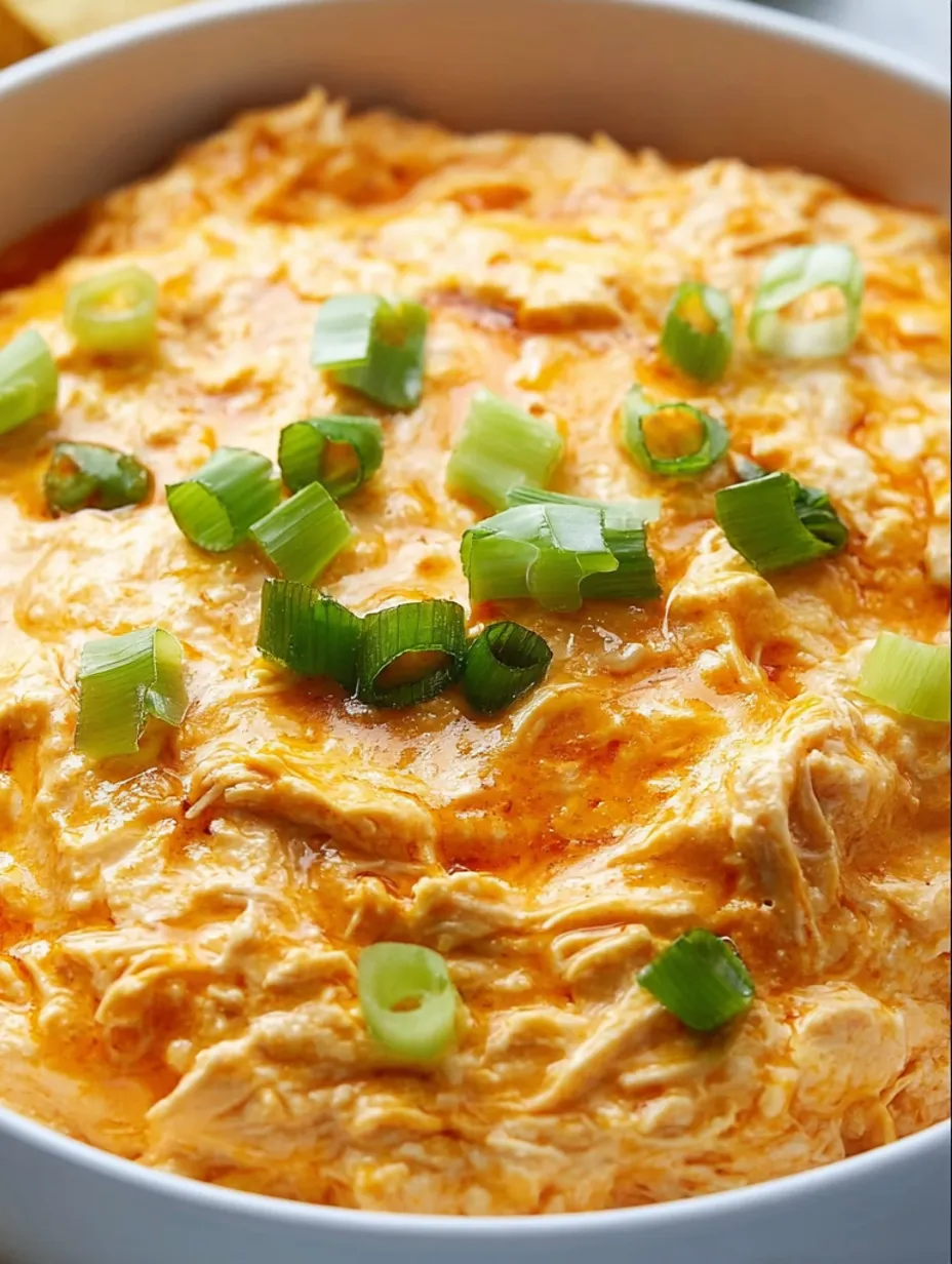 A dish of buffalo chicken dip with green onions on top.