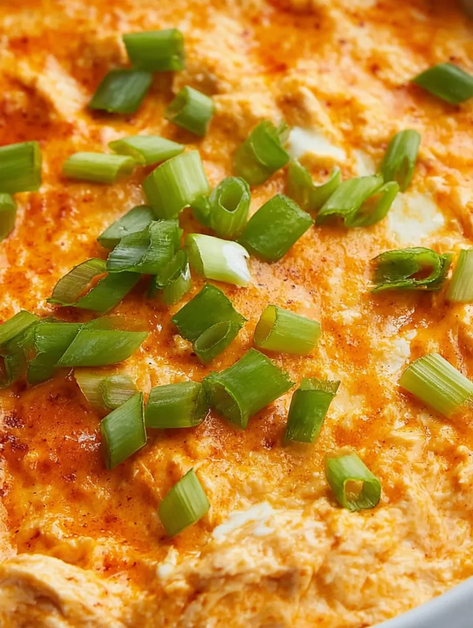 A close up of a buffalo chicken dip with green onions on top.