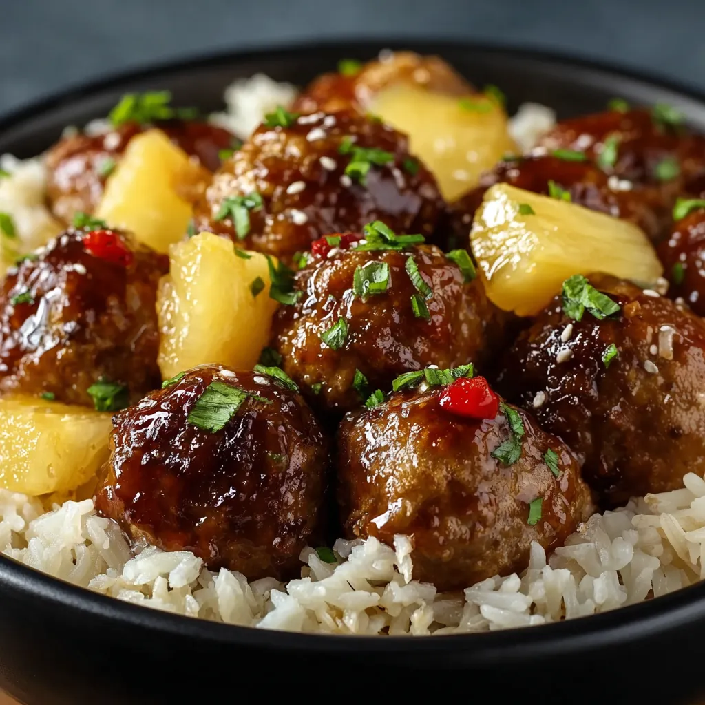A bowl of meatballs with pineapple on top.