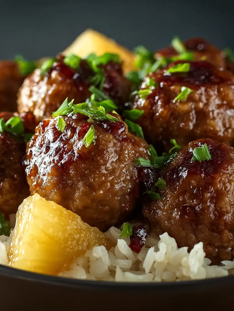 A bowl of meatballs with pineapple and green onions.