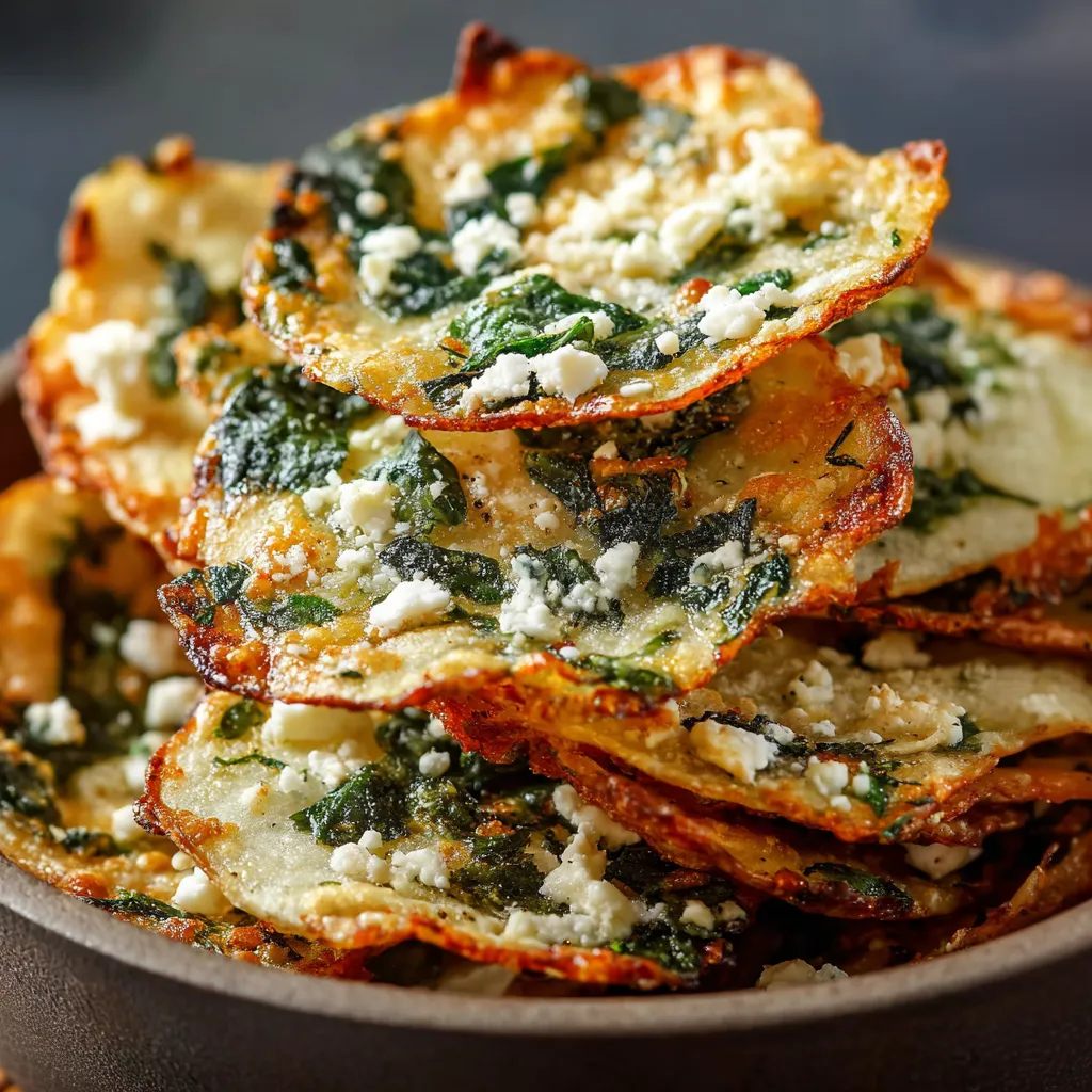 A stack of Mediterranean spinach and feta crisps.