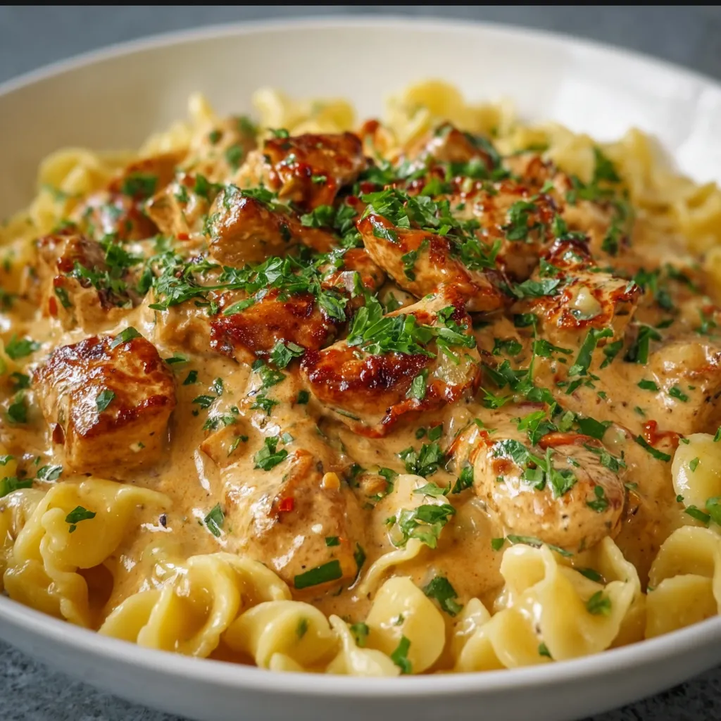 A bowl of creamy sun-dried tomato chicken pasta.