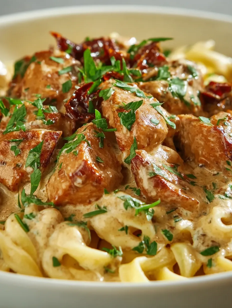 A plate of pasta with chicken and sun-dried tomatoes.