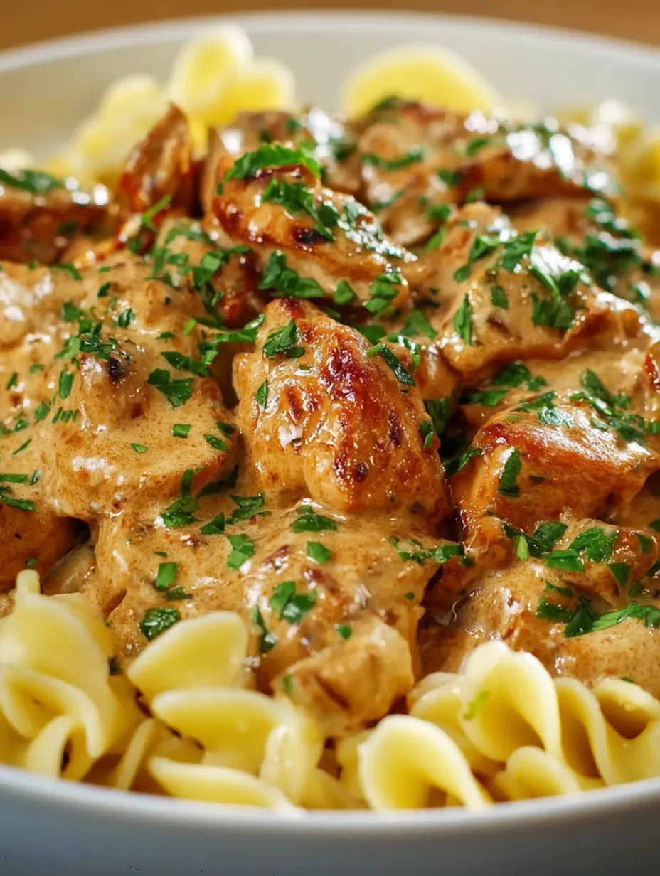 A plate of creamy sun-dried tomato chicken pasta.