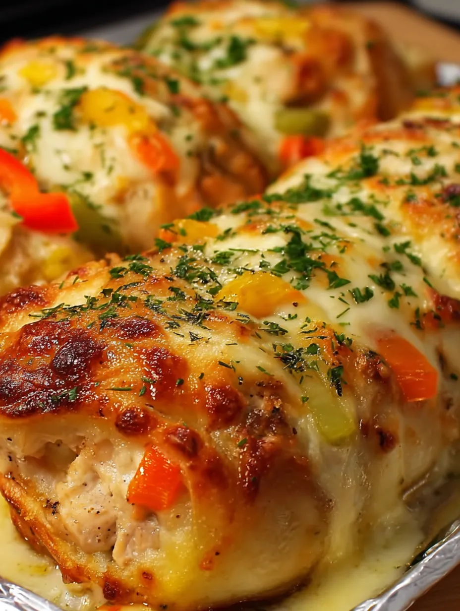 A dish of baked chicken and potato rounds with bell pepper, cheese, and creamy garlic-dill sauce.