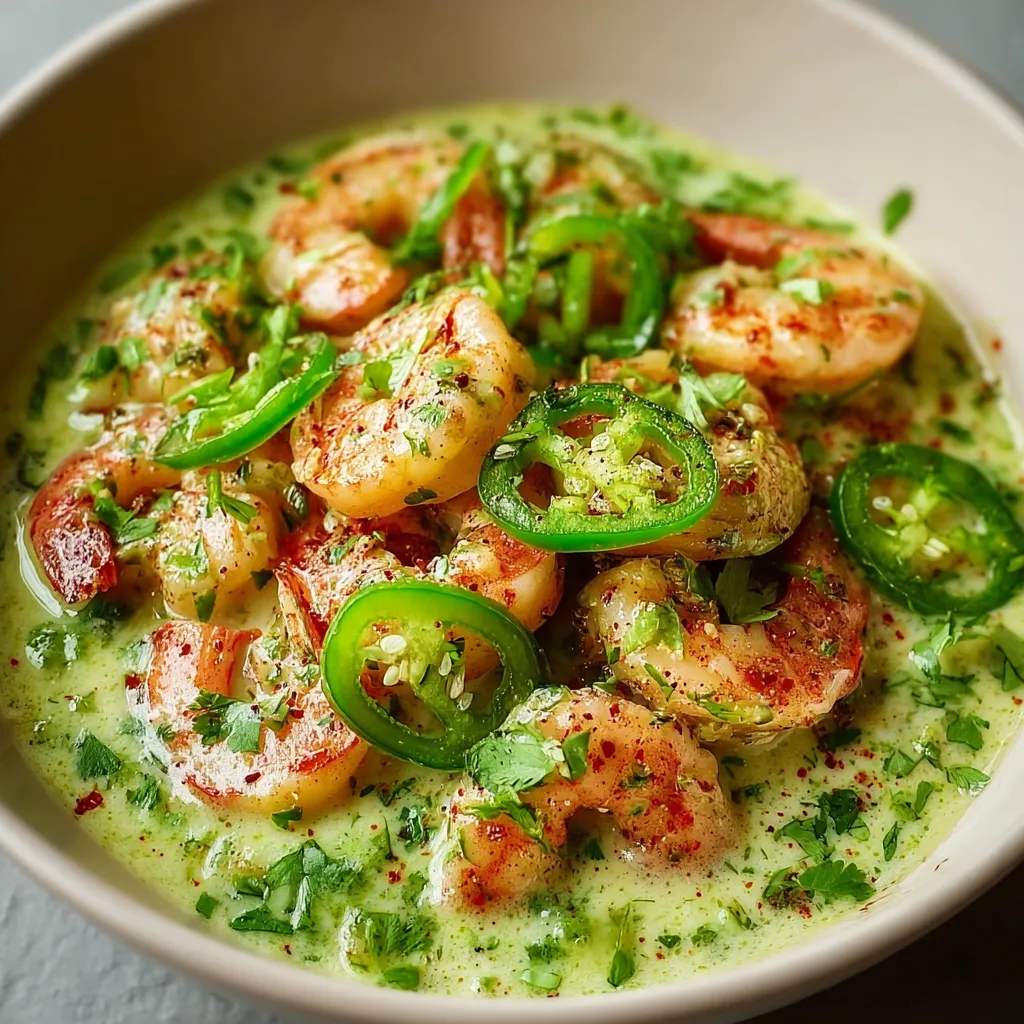 A bowl of shrimp in a creamy sauce.
