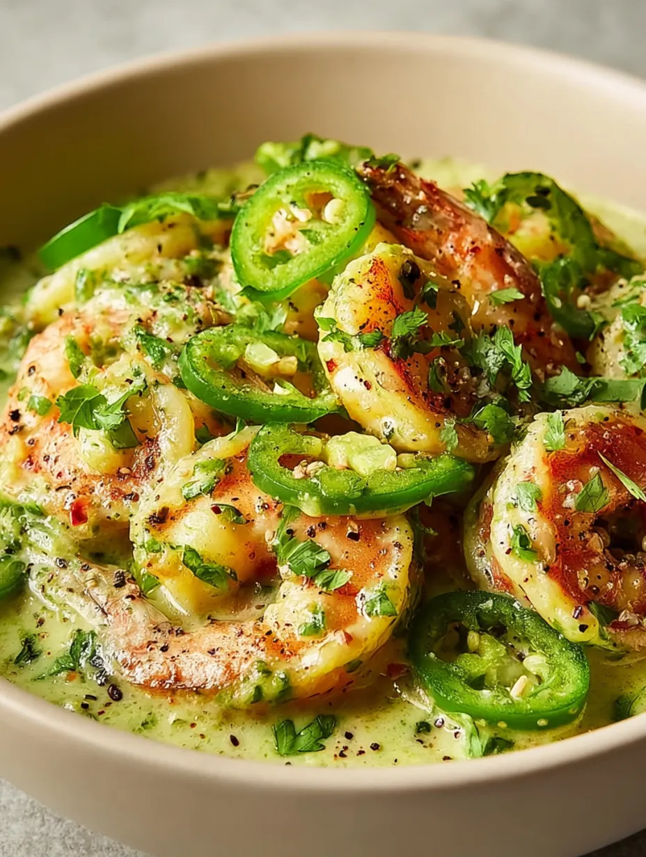 A bowl of shrimp with green peppers and cilantro.