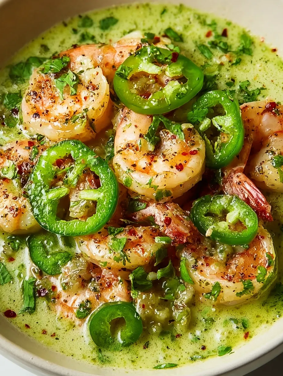 Shrimp with green peppers and cilantro in a creamy sauce.