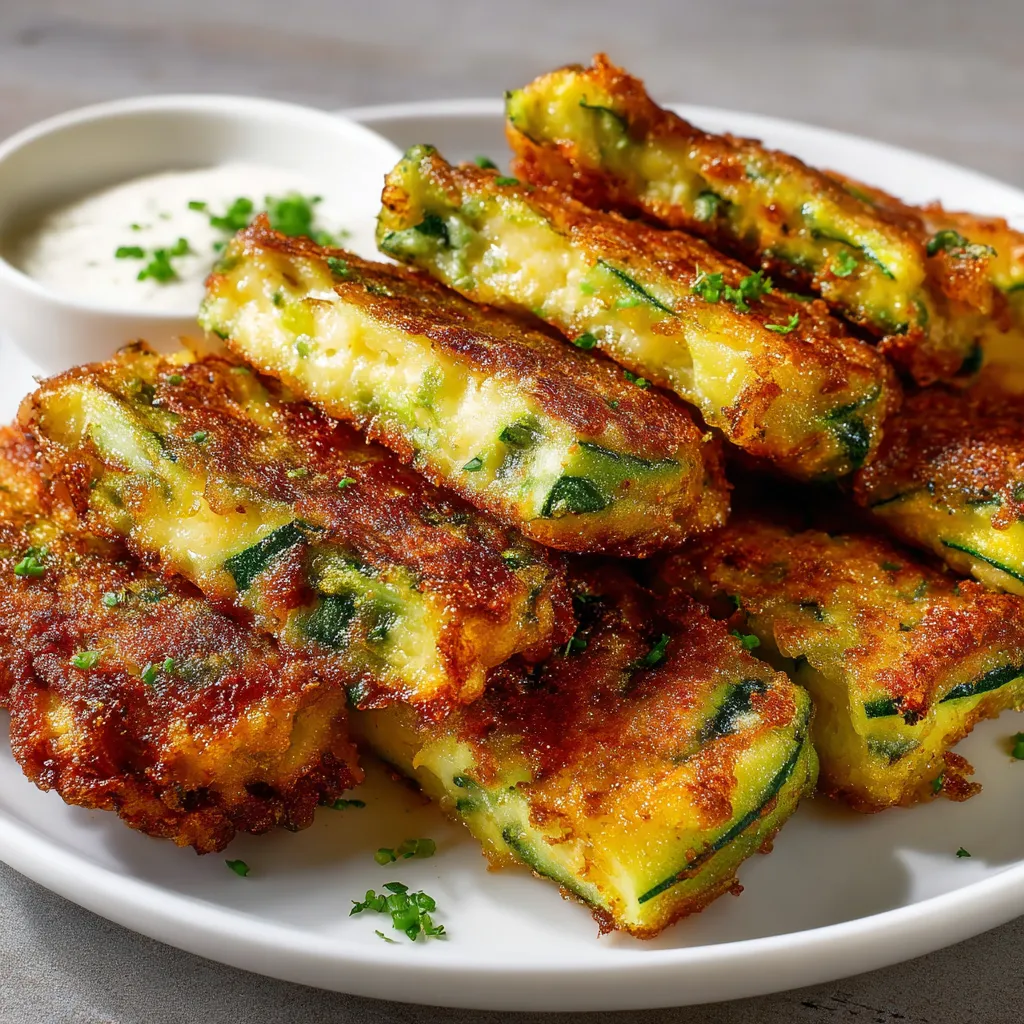 A plate of zucchini and vegetable cheese fritters with garlic-yogurt mustard dip.
