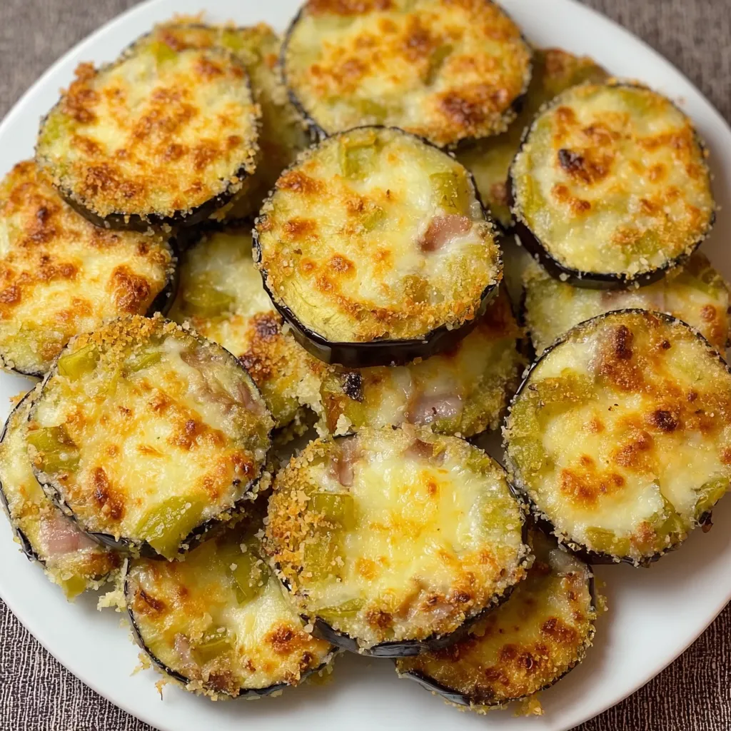 A plate of baked eggplant casserole with leeks, bacon, and pecorino cheese.