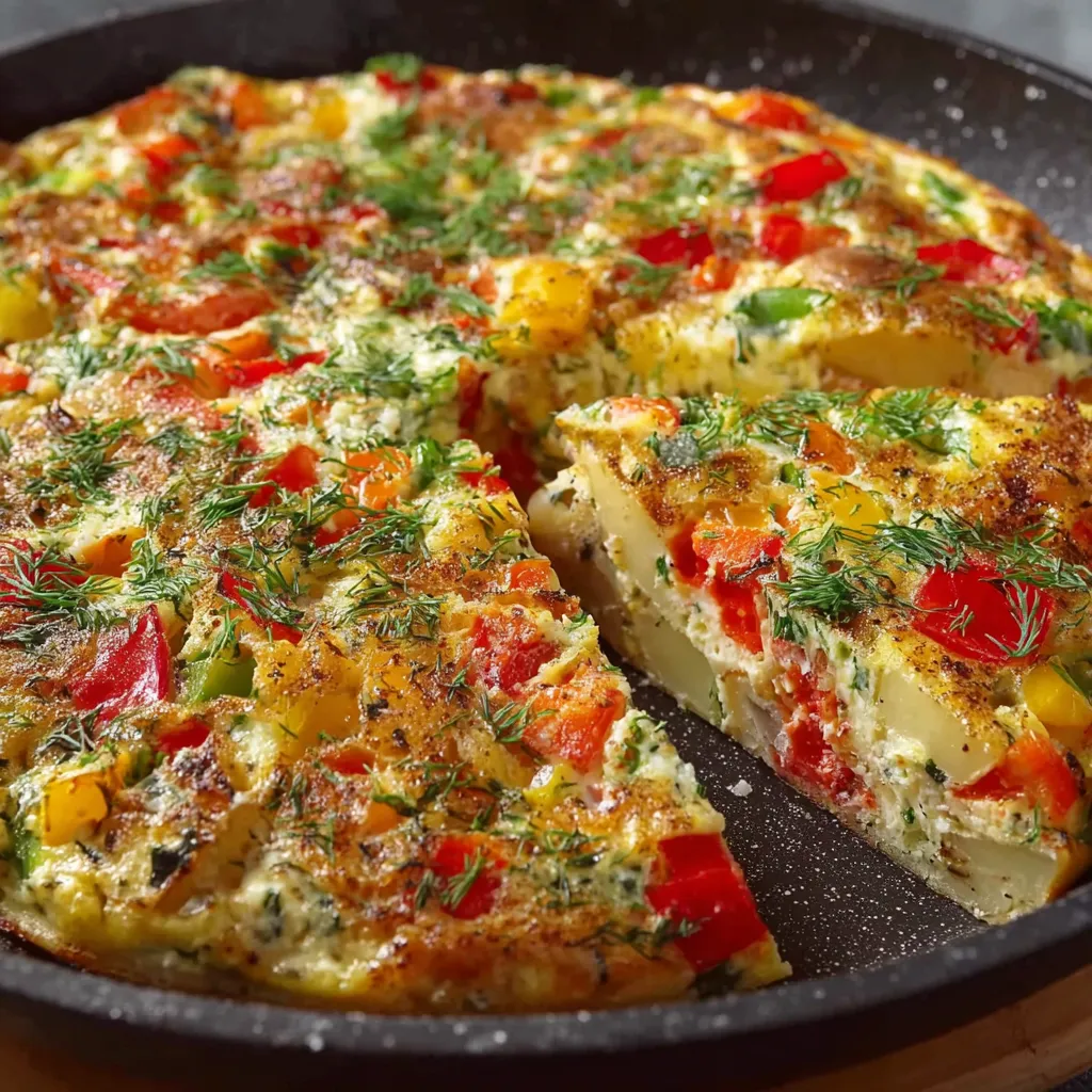 A slice of a cheesy potato and egg veggie skillet.