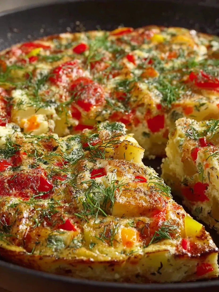 A slice of a cheesy potato and egg veggie skillet.