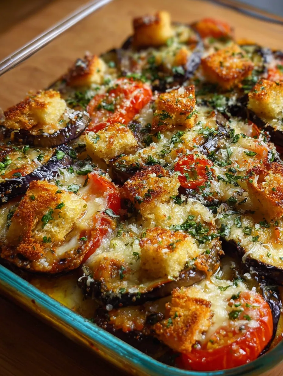 A dish of baked eggplant boats with mozzarella, tomato and herbs.