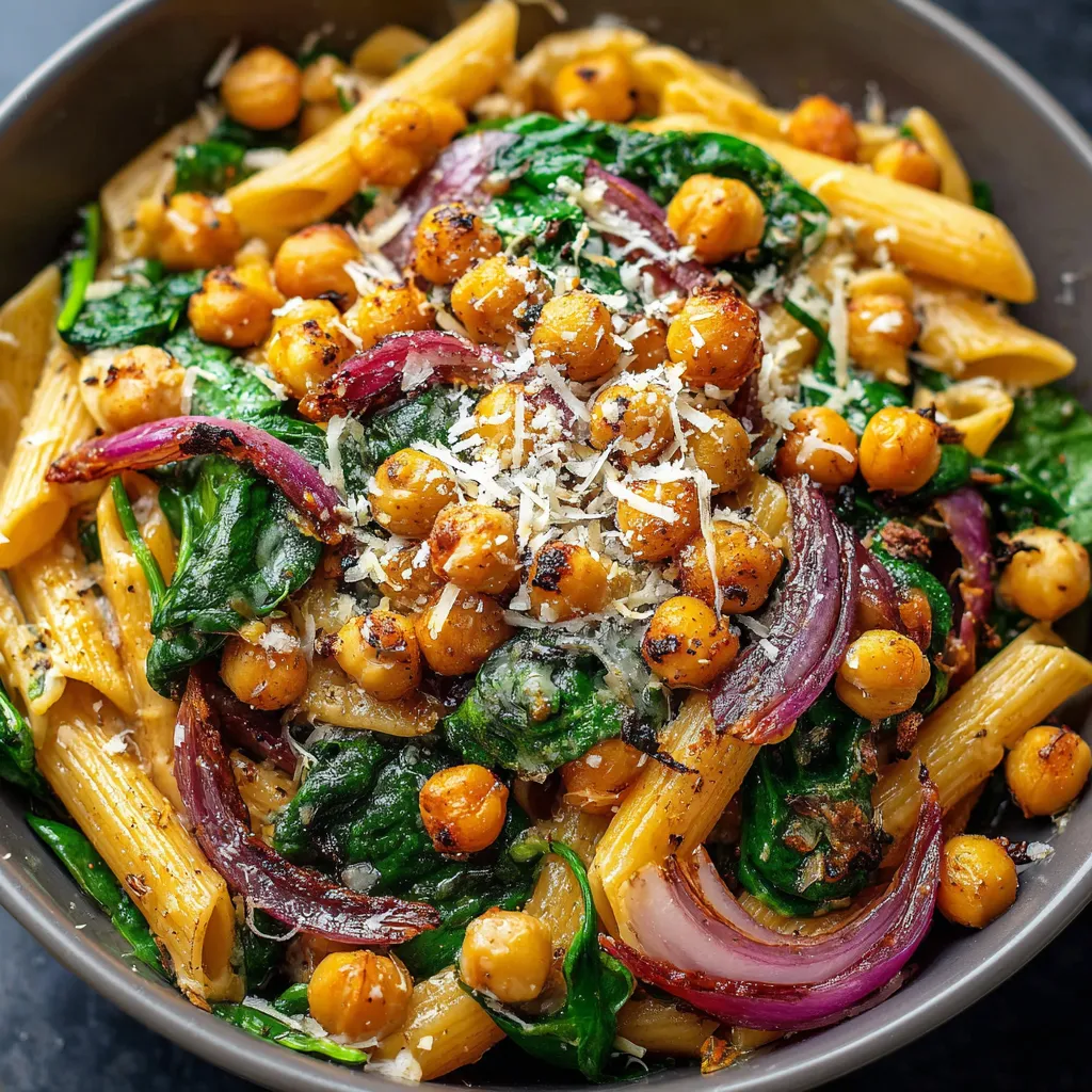 A bowl of pasta with roasted chickpeas and spinach.