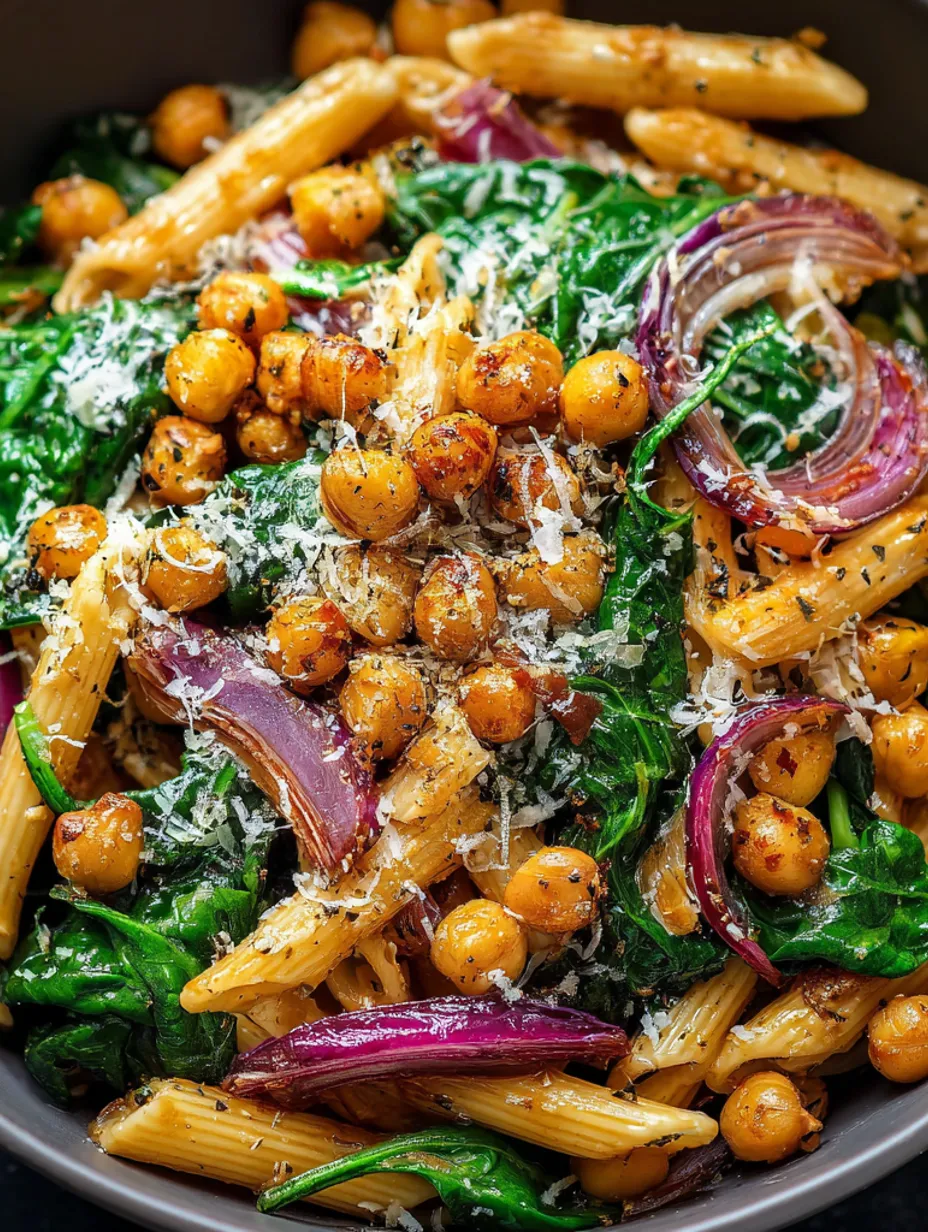 A dish of pasta with chickpeas and spinach.