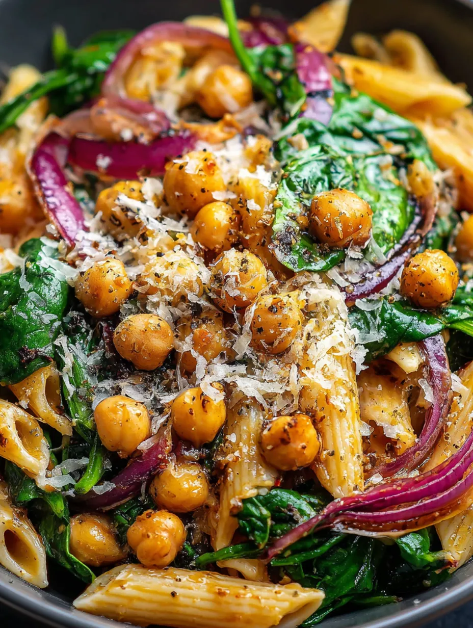 A plate of food with chickpeas, spinach, and pasta.