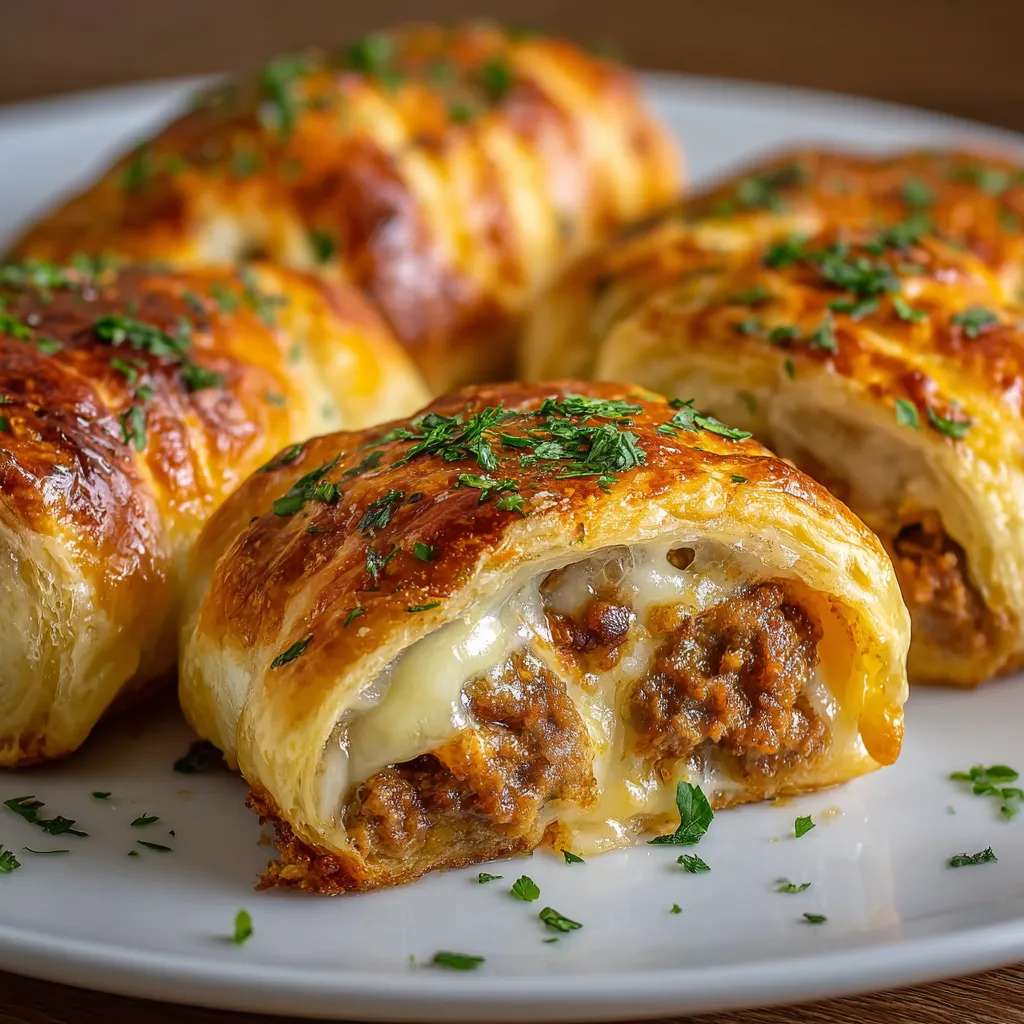 A plate of cheesy minced meat puff pastry pockets.
