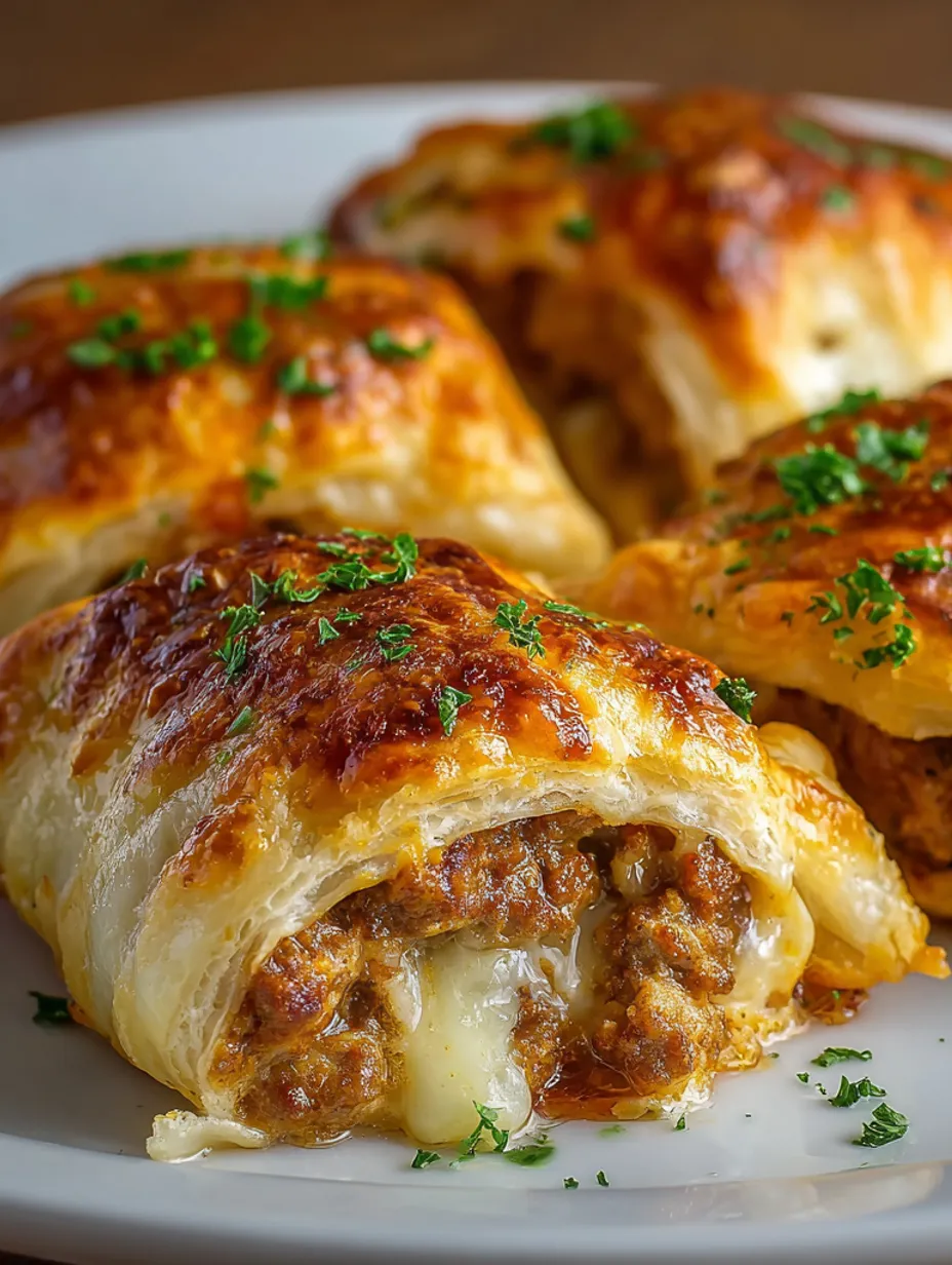 Cheesy minced meat puff pastry pockets.