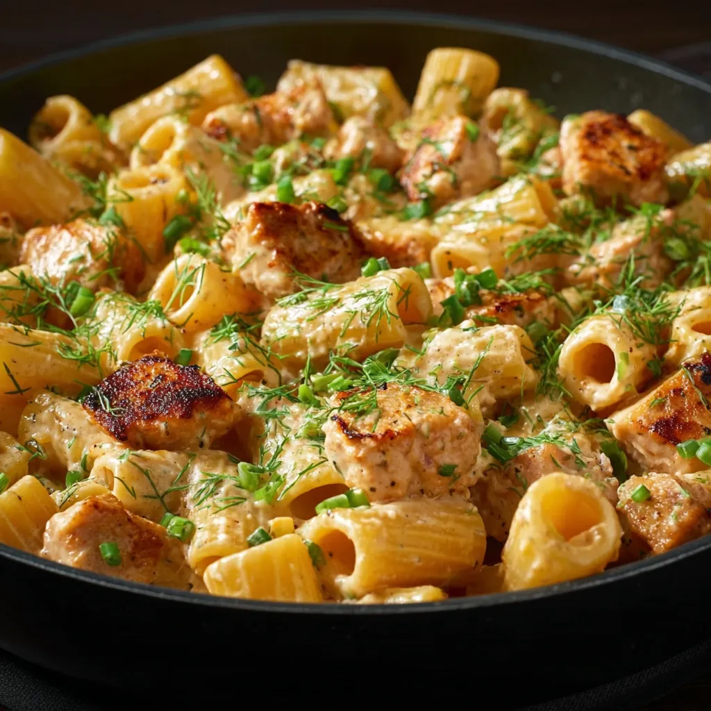A dish of pasta with chili and herbs.