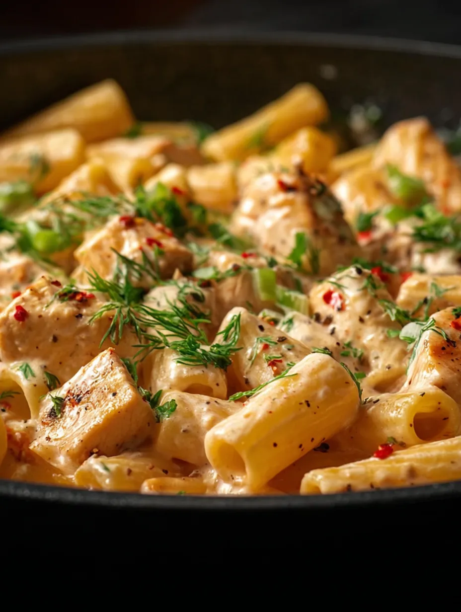 A dish of creamy pepper pasta with chili and herbs.