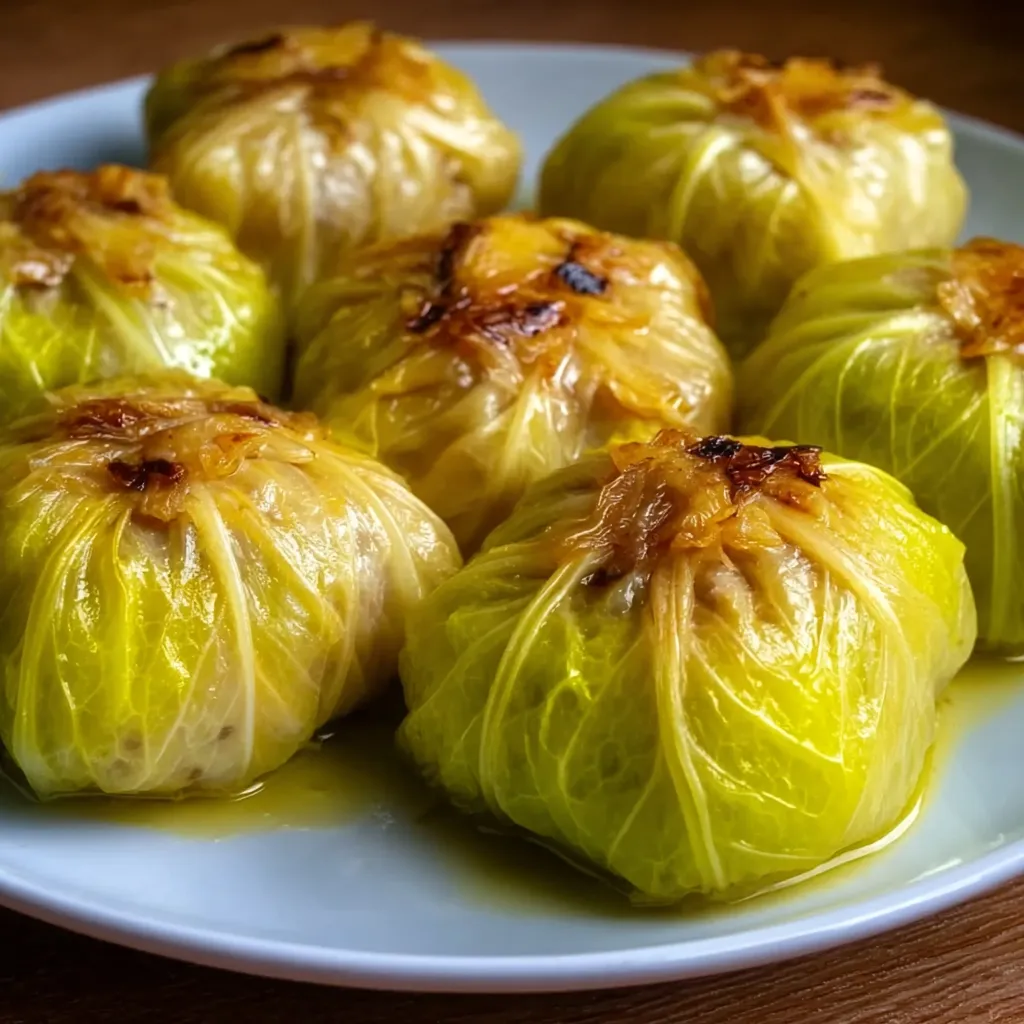 A plate of stuffed cabbage rolls with meat and mushrooms.