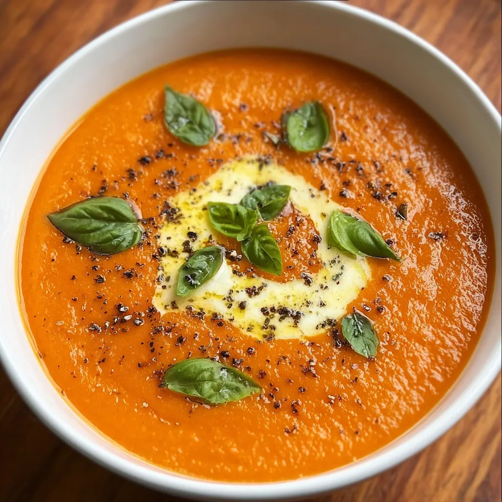 A bowl of soup with green leaves on top.