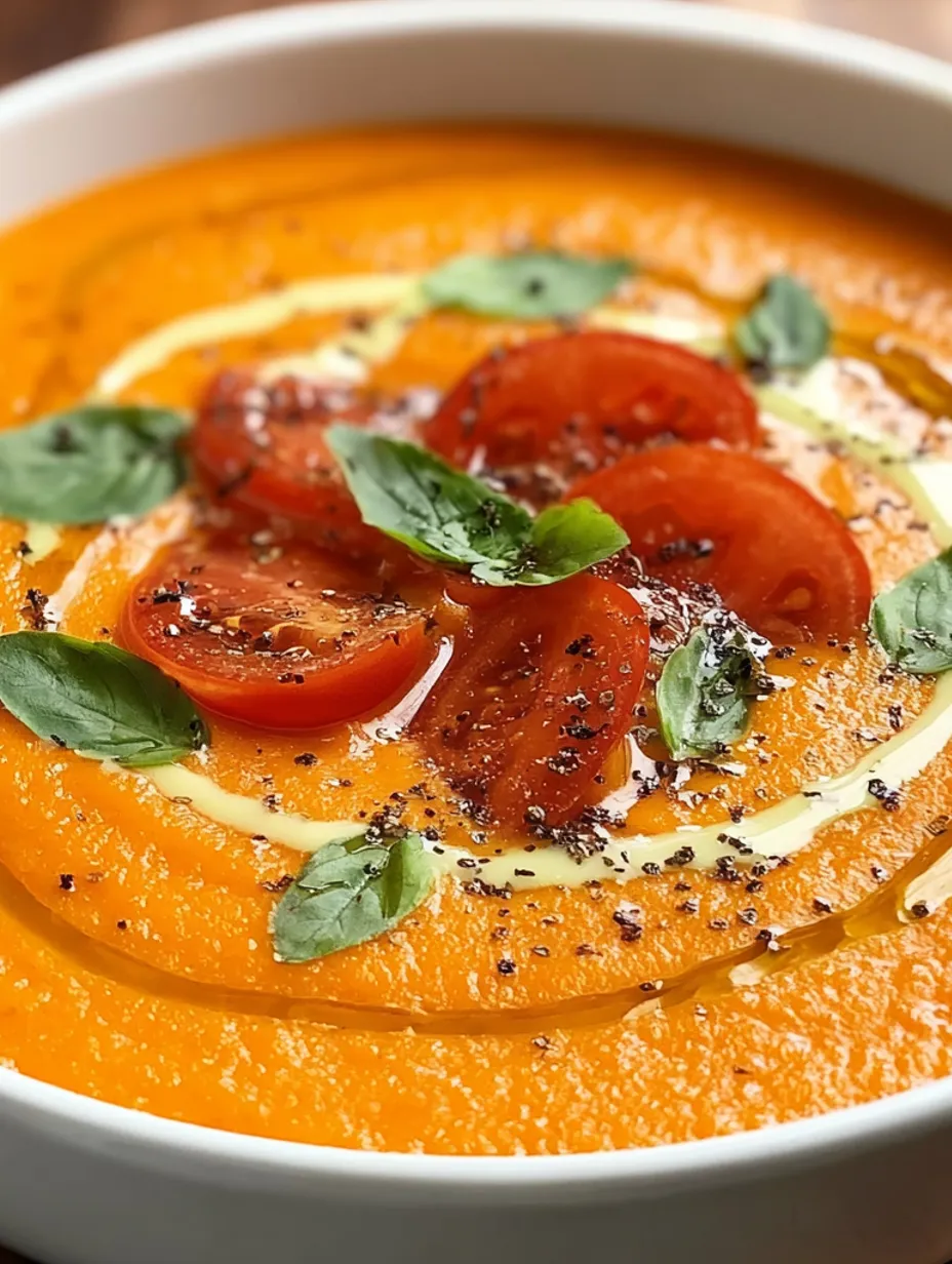 A bowl of creamy tomato bisque with tomatoes and greens on top.