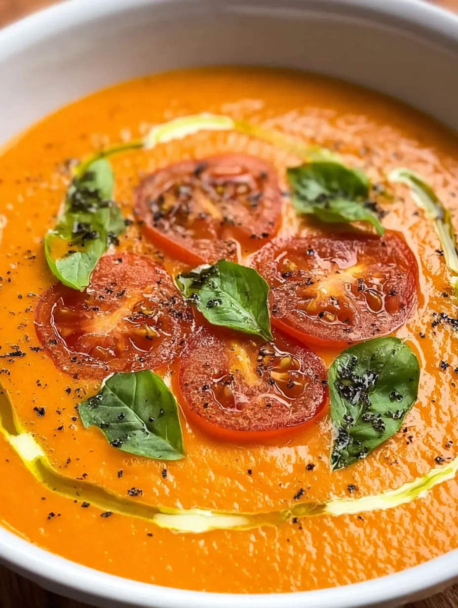 A bowl of tomato bisque with green leaves on top.