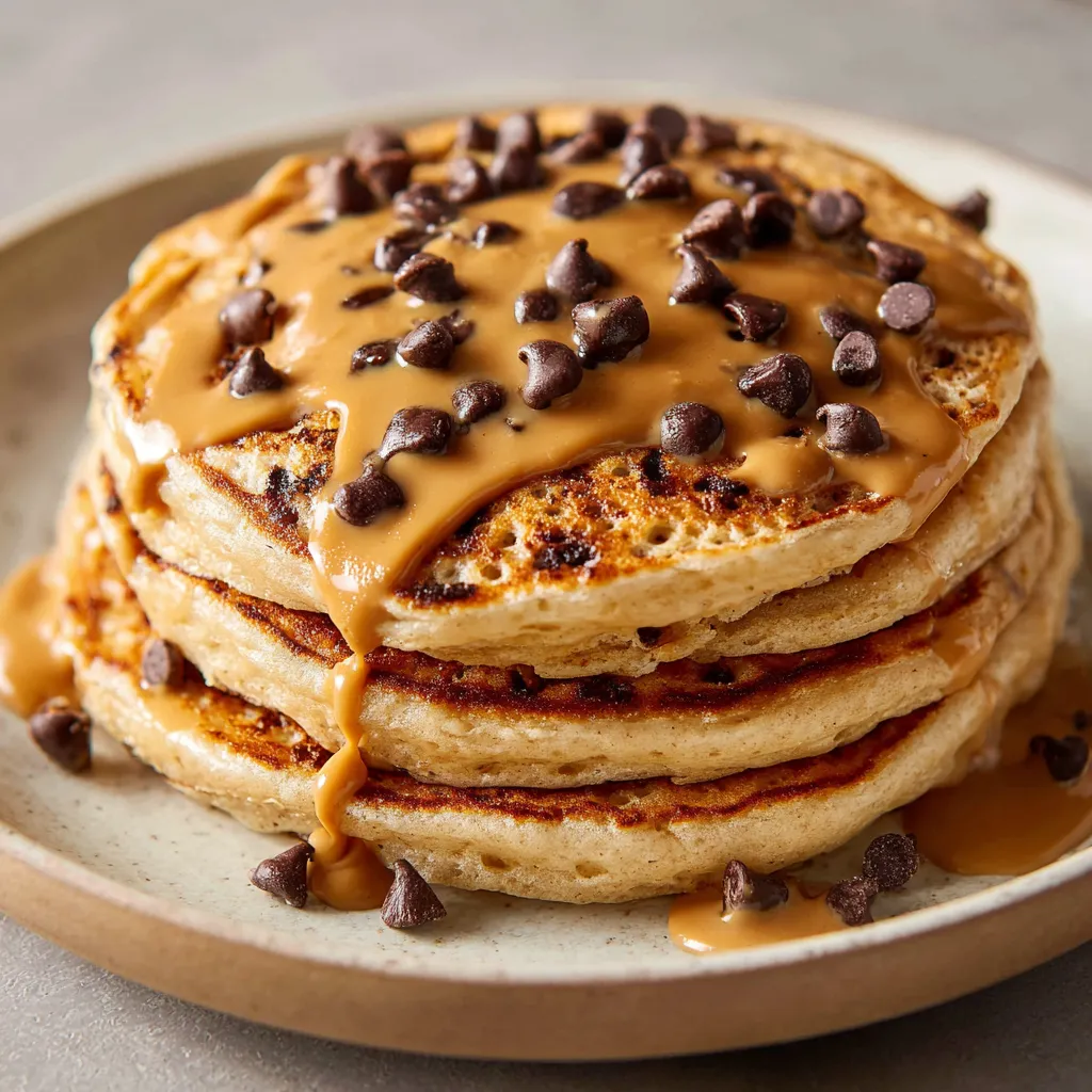 A stack of pancakes with chocolate chips and peanut butter.