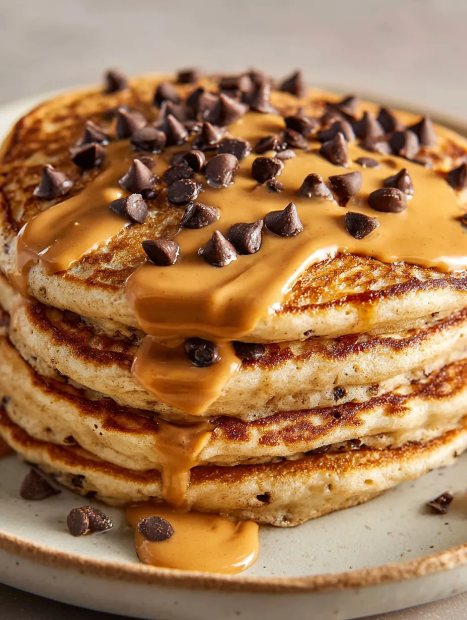 A stack of pancakes with chocolate chips and peanut butter.