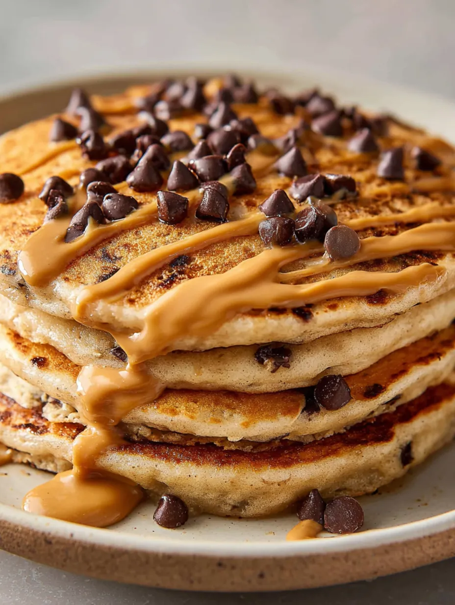 A stack of pancakes with chocolate chips and peanut butter.