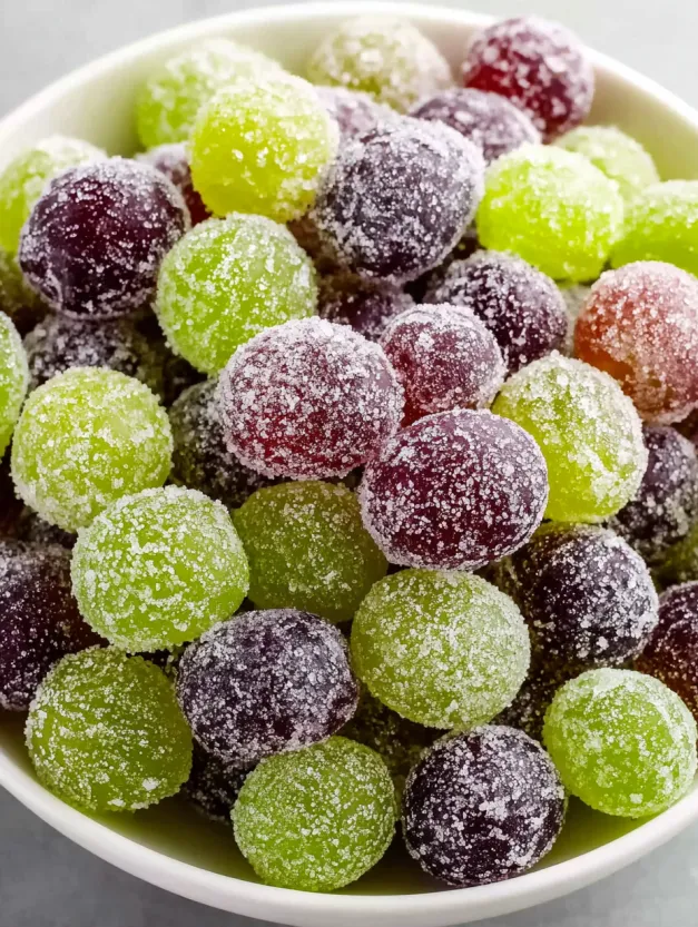 A bowl of sugared prosecco grapes.