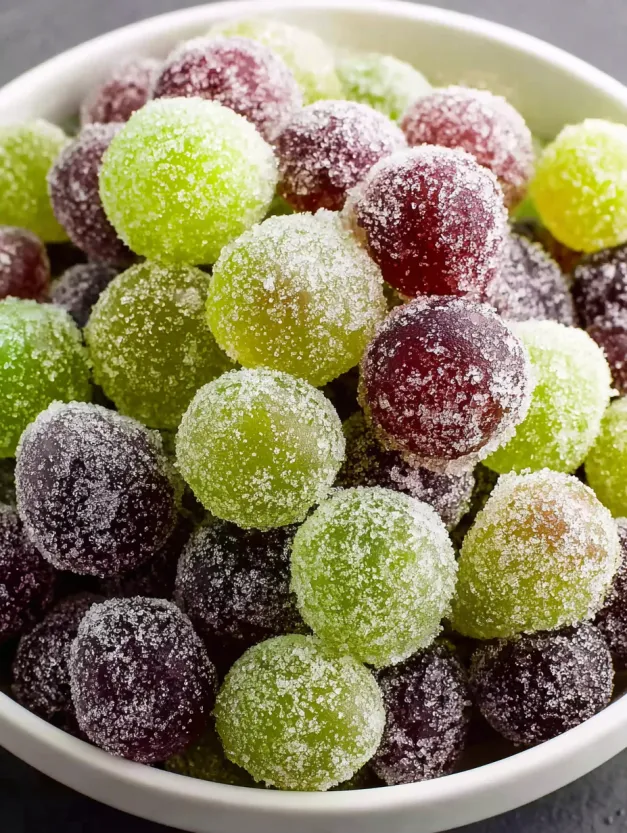 A bowl of sugar coated grapes.