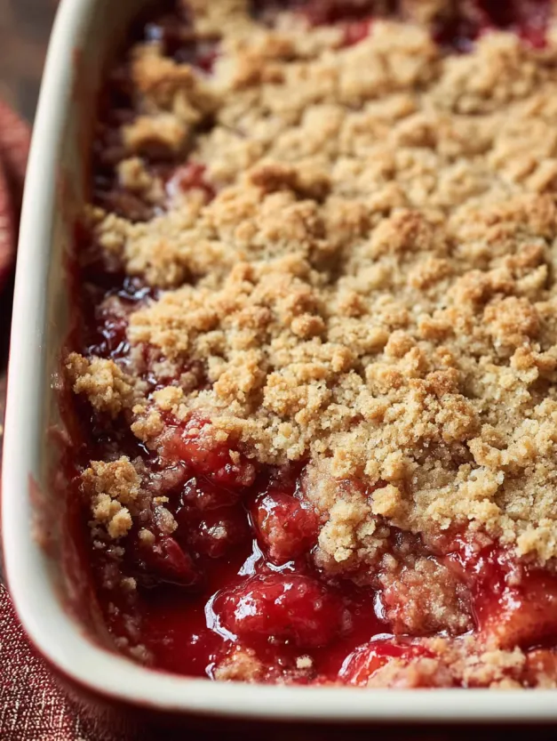 A close up of a strawberry rhubarb crumble.