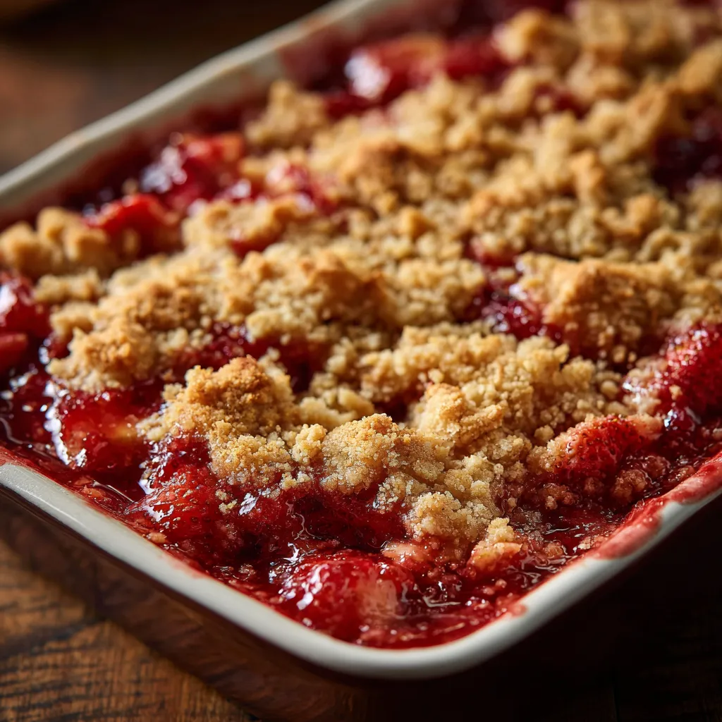 A bowl of strawberry rhubarb crumble.