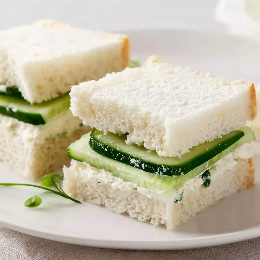 Two cucumber sandwiches on a plate.