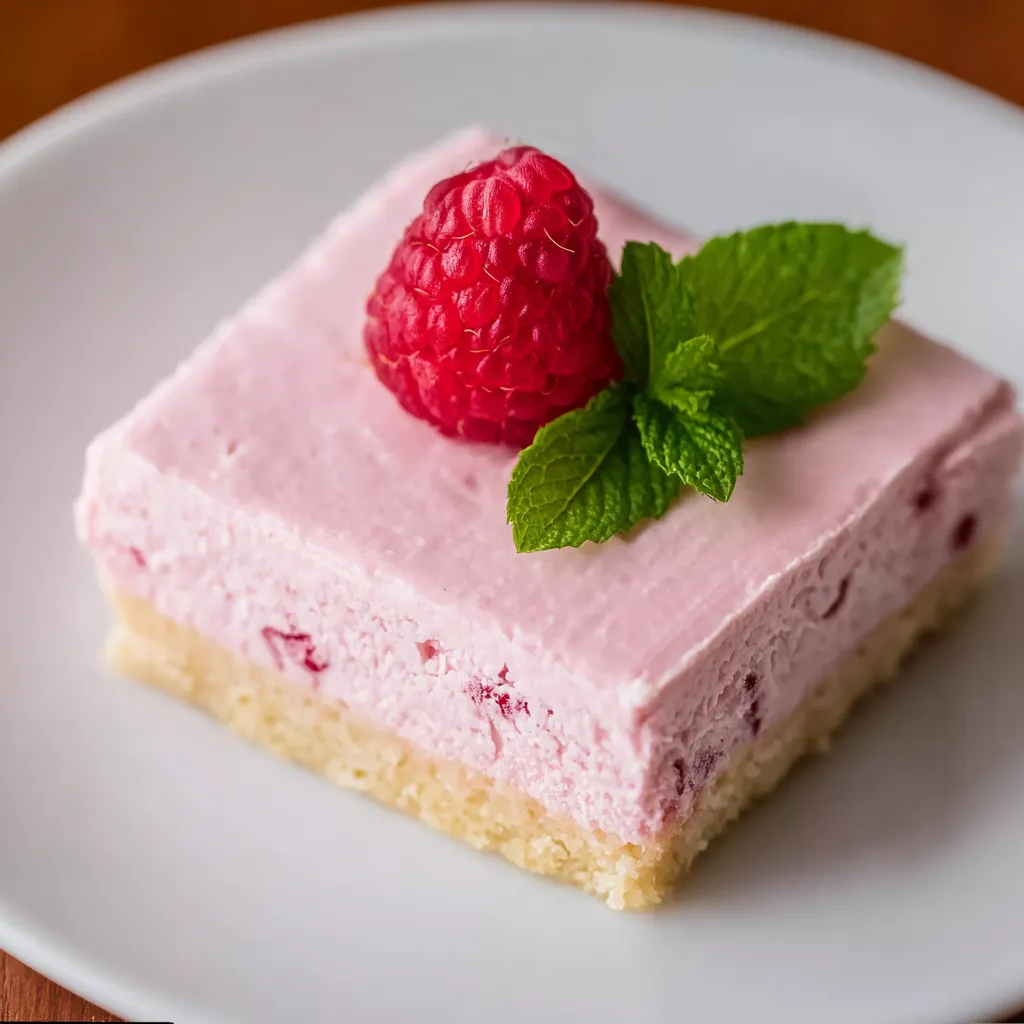 A slice of raspberry cheesecake bar with a raspberry on top.
