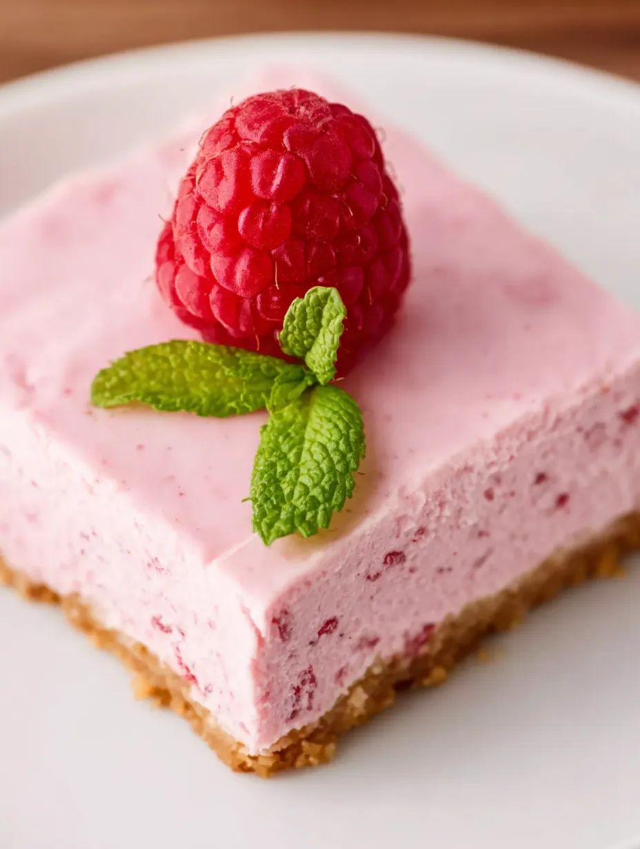 A slice of raspberry cheesecake with a green leaf on top.