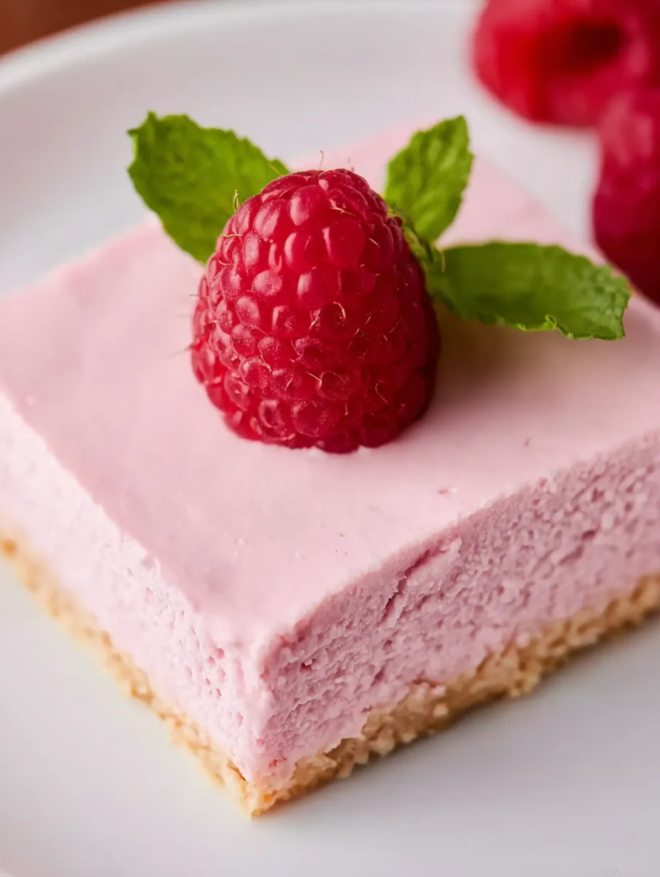 A slice of pink raspberry cheesecake with a raspberry on top.