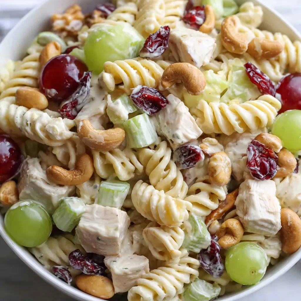 A bowl of pasta salad with chicken, grapes, and cashews.