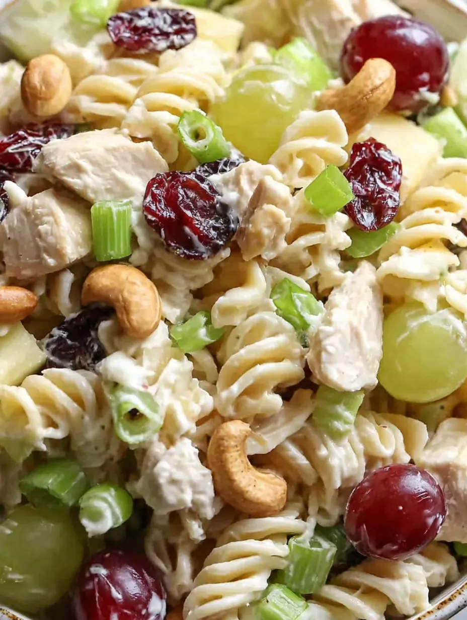 A plate of pasta salad with chicken, cashews, and cherries.