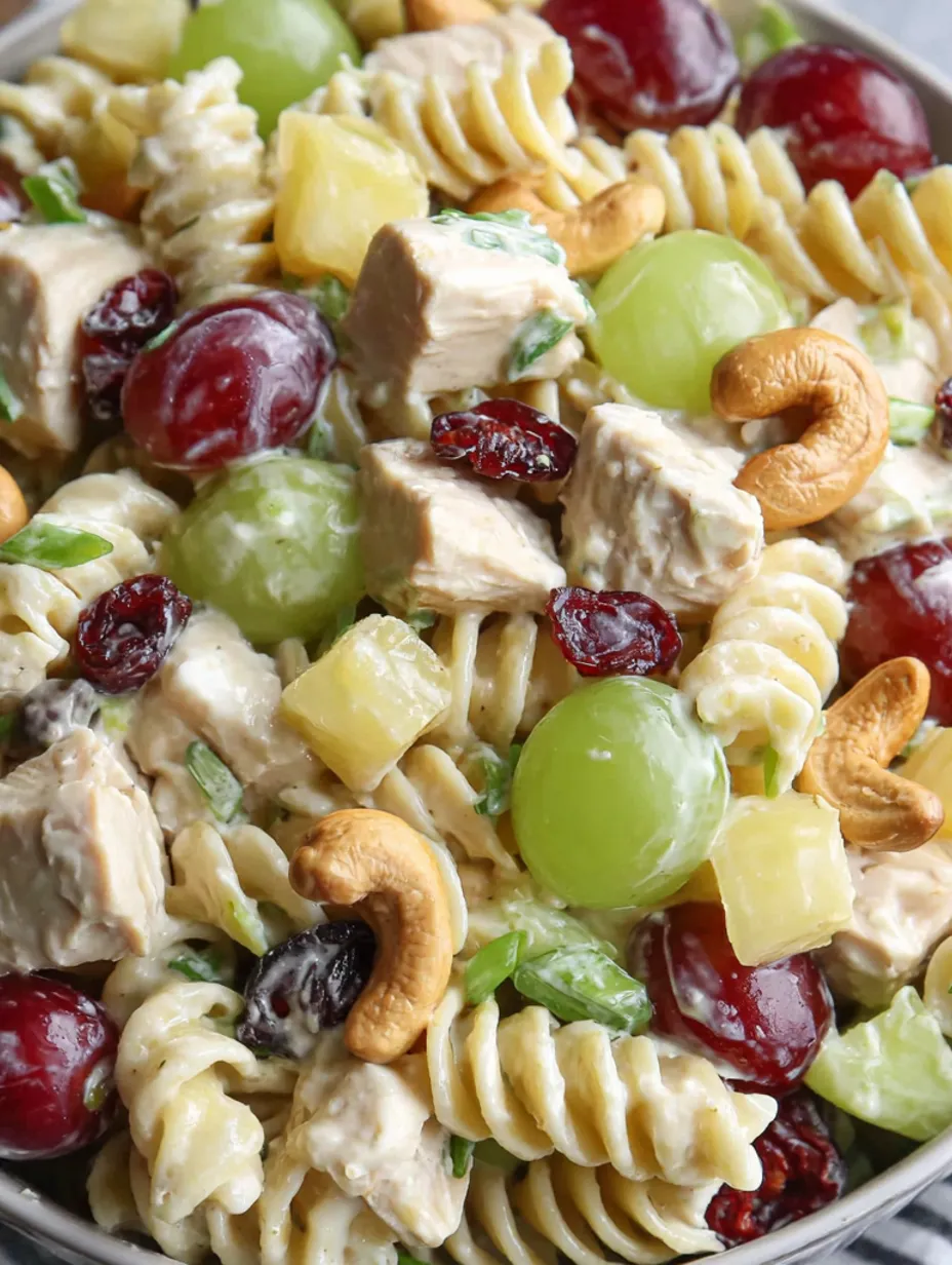A plate of pasta salad with chicken, cashews, and grapes.