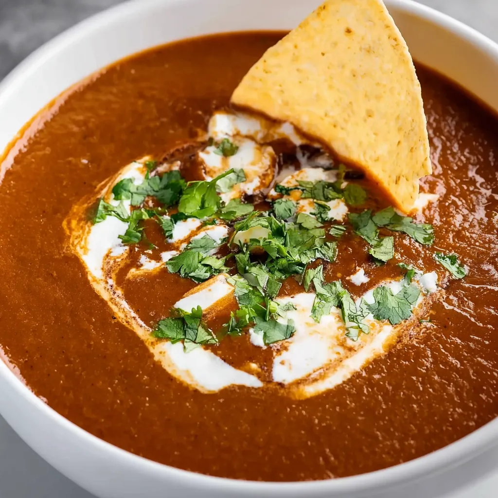 A bowl of black bean soup with a tortilla chip on top.