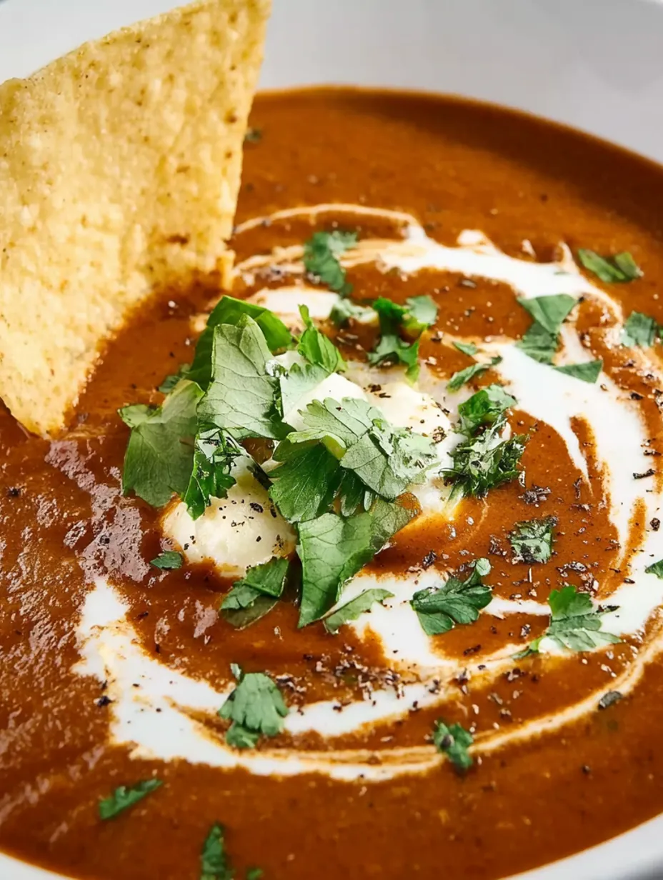 A bowl of black bean soup with a tortilla chip on top.