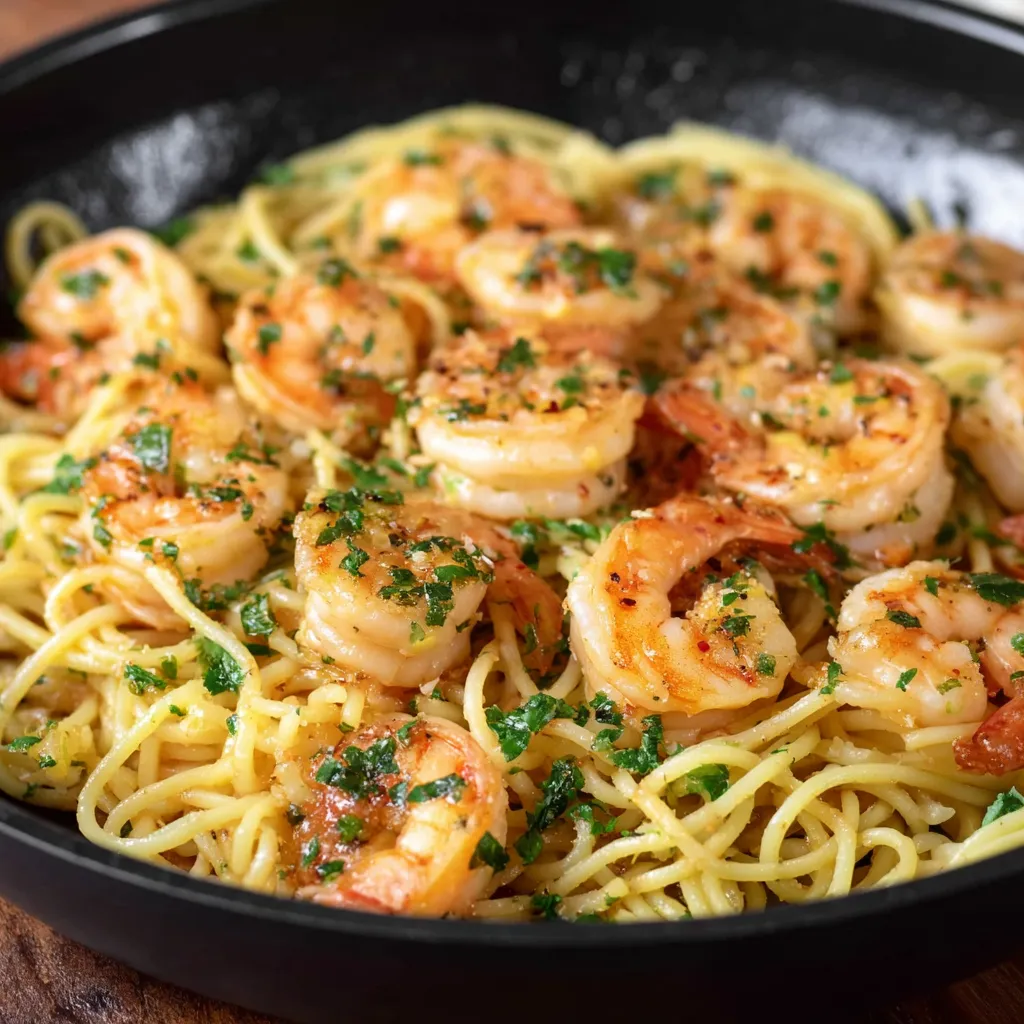 A bowl of shrimp and pasta with a orange-balsamic sauce.