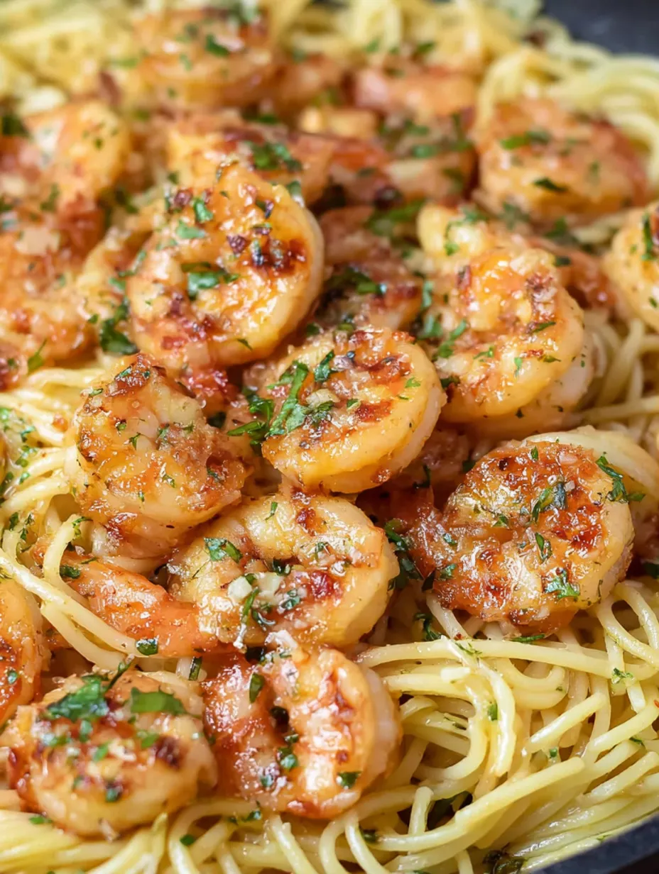 A plate of shrimp and pasta with a orange-balsamic sauce.