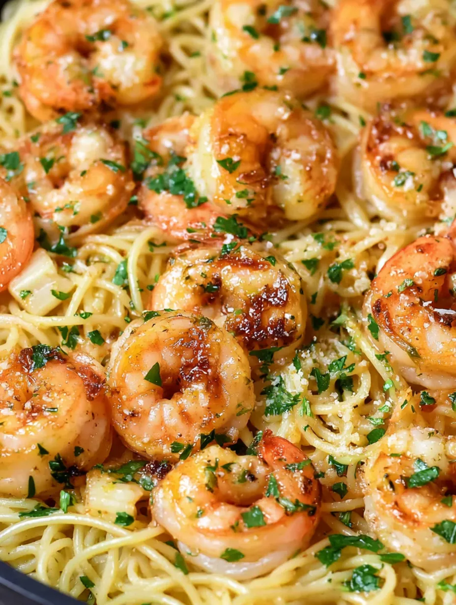 A dish of shrimp and pasta with a sauce.