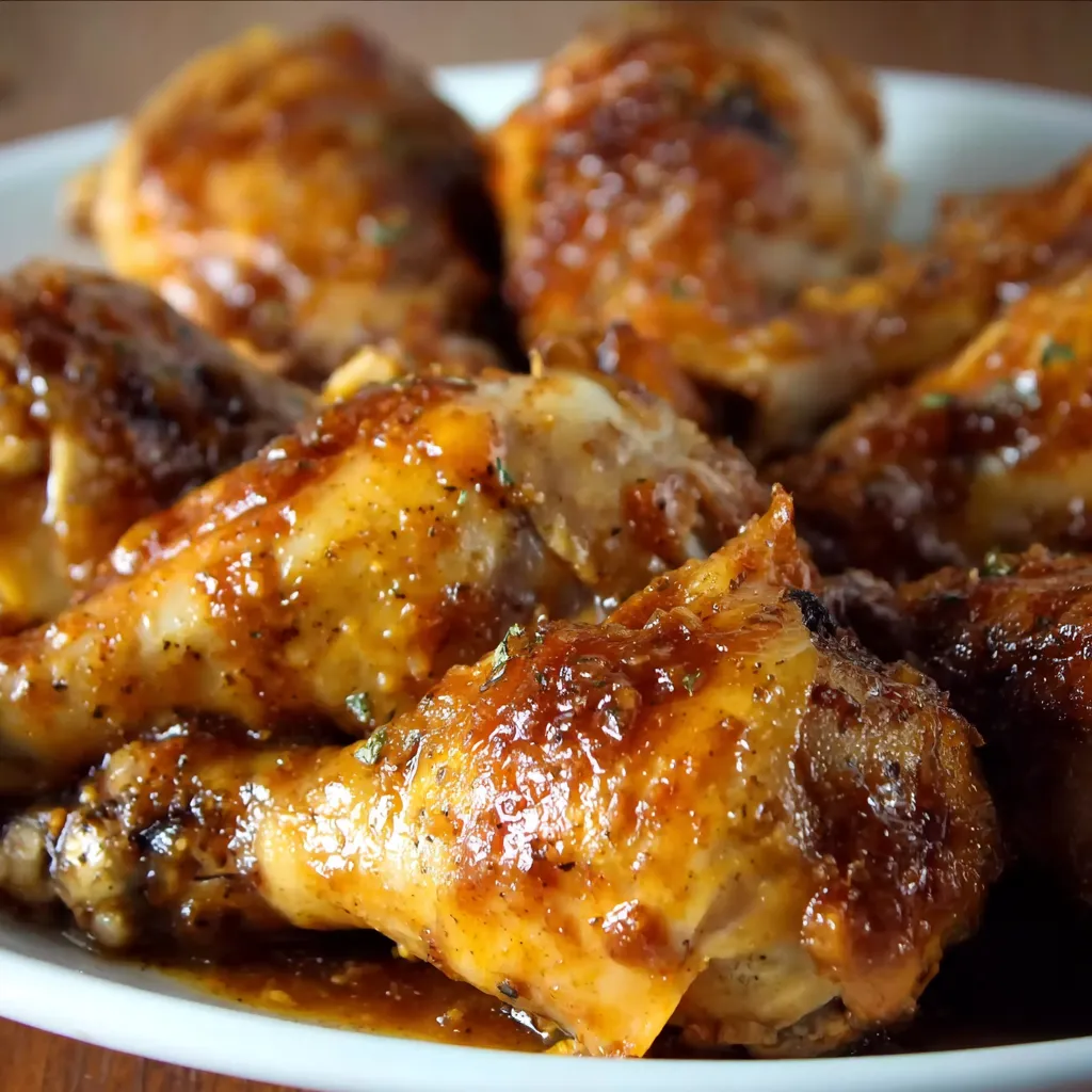 A plate of chicken with a brown sauce.