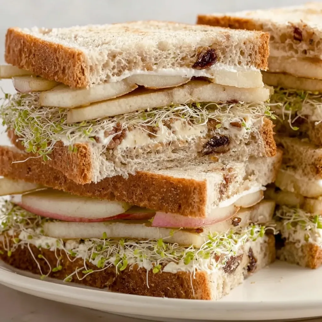 A stack of sandwiches with pear tea.